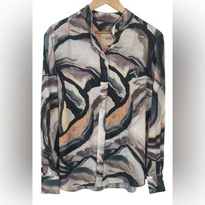 Theo The Label Shirt Blouse Medium Geometric Print Button Front Quiet Luxury